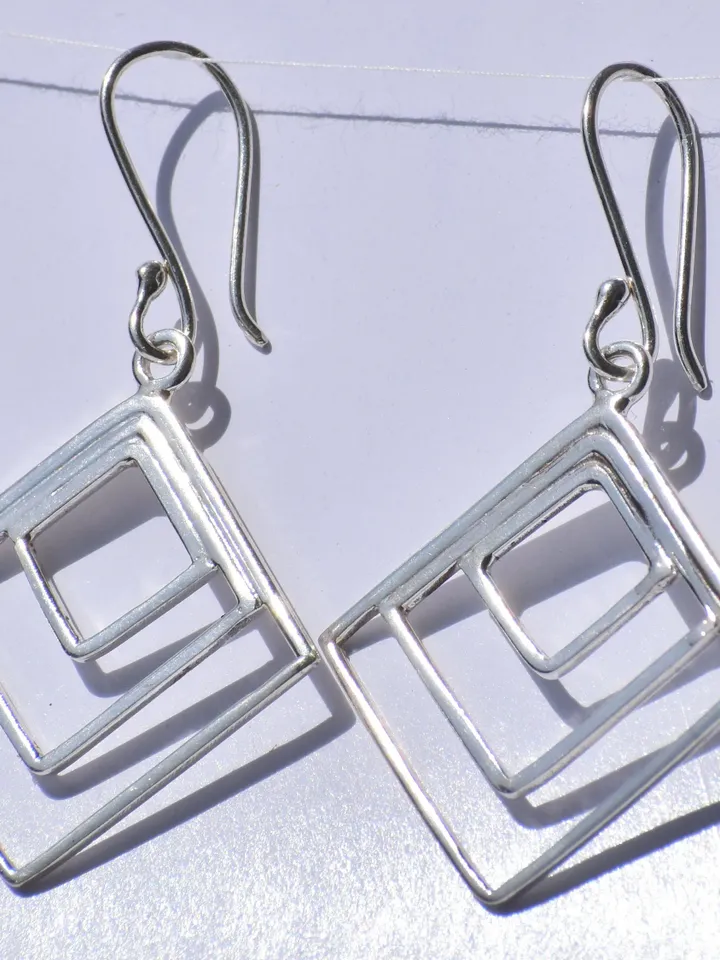 Silver Geometric Earrings, Hollow Square Earrings, Geometric Earrings, 925 Sterling Silver Earrings, Silver Dangled Earrings, Gift For Women
