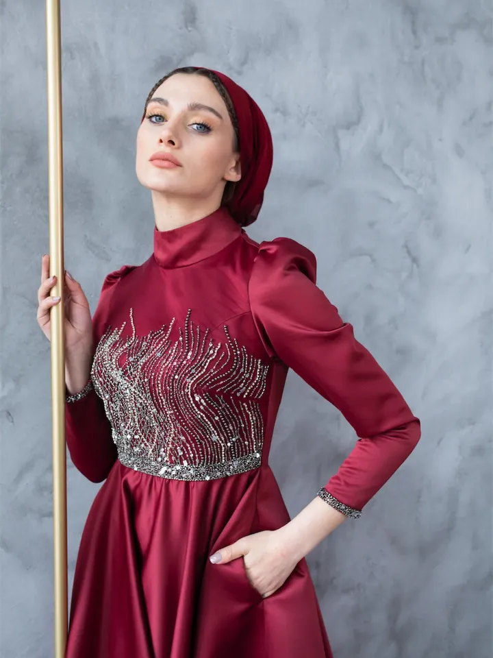 AHUNARE HIJAB - Pera Burgundy Satin Embroidered Tailed  Wedding Dress, Muslim Evening Gown,  Islamic Wedding, Engagement, Bridesmaid,