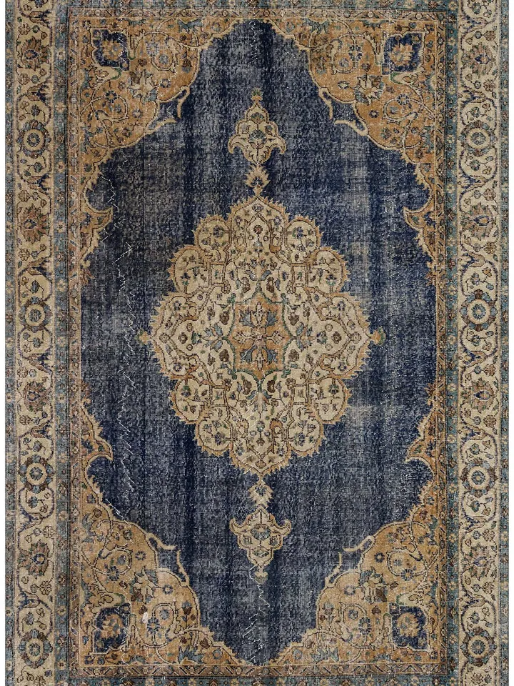 Turkish Dark Blue Brown Rug - Hand-Woven Distinctive - 6.5ft x 9.8ft - Adds Elegance & Comfort to Your Home Decor!