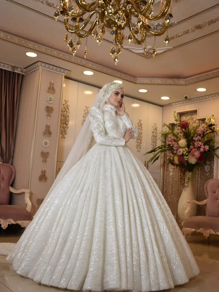 Hüma Sultan White Embroidered Bright Princess Wedding Gown,Bridal, Muslim Wedding, Hijab Wedding,White Wedding Dress, Islamic Wedding
