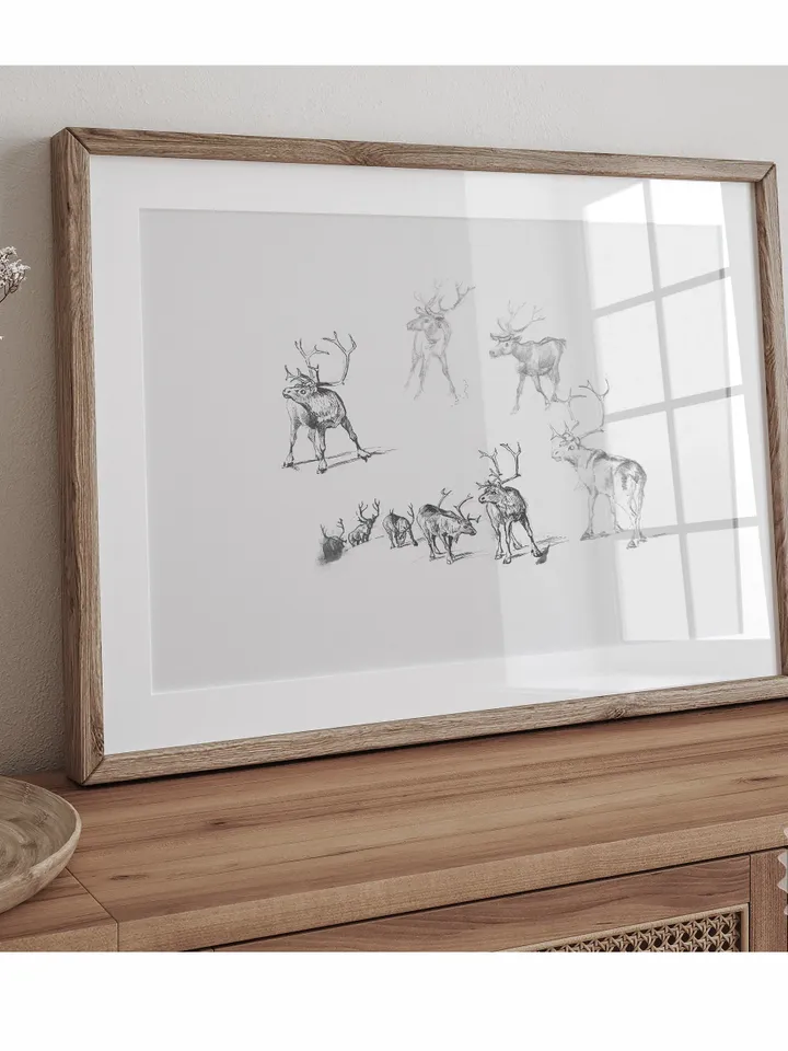 Vintage Christmas Reindeer Sketch Art Print, Digital Winter Wall Decor, Printable | 305