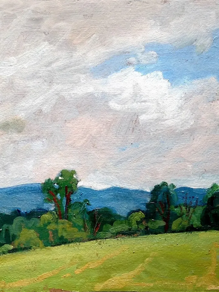 Original Berkshires Landscape Painting - Summer Fields and Sky - 10x20 Oil on Panel, Plein Air Impressionism, Signed Original Fine Art