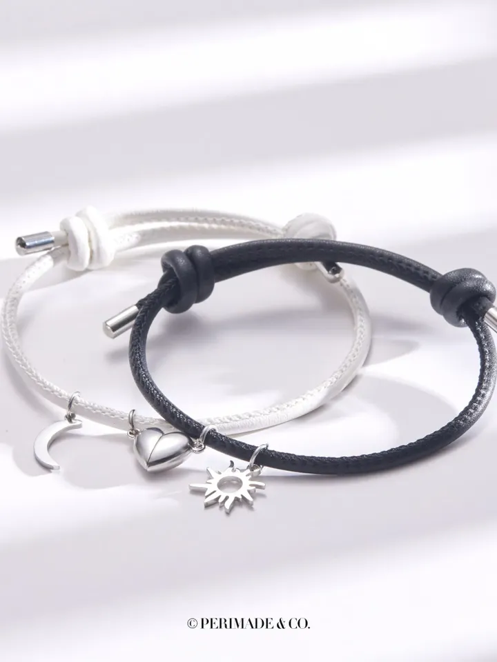 PERIMADE Magnetic Heart Couple Bracelet • Matching Sun Moon Charm Bracelet • Long Distance Relationship Jewelry • Trendy Best Friend Gift