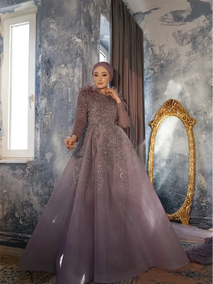 AHUNARE HIJAB - Diamond Rose Color Embroidered Princess Wedding Dress, Muslim Evening Gown, Islamic Wedding, Engagement, Bridesmaid,