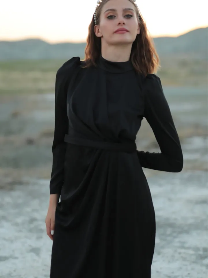 AHUNARE HIJAB - Irem Dress, Satin Dress, Black Color, Muslim Evening Dress, Nikah, Wedding, Engagement, Bridesmaid, ,
