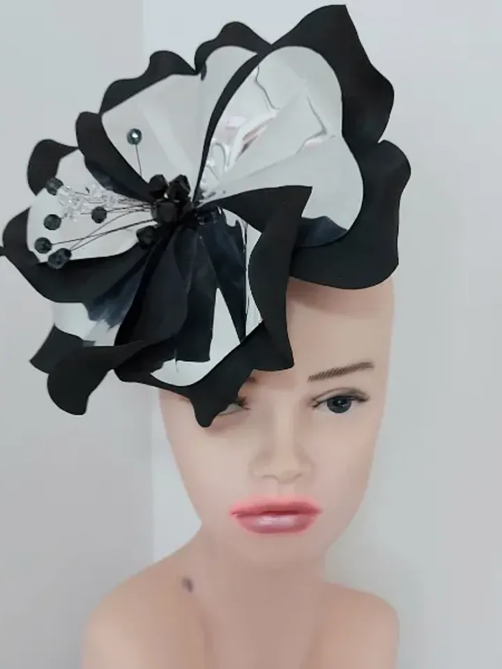 Magic black fascinator Derby hat Black petunia and mirror silver Hair clip Mysterious flower Halloween outfit gothic