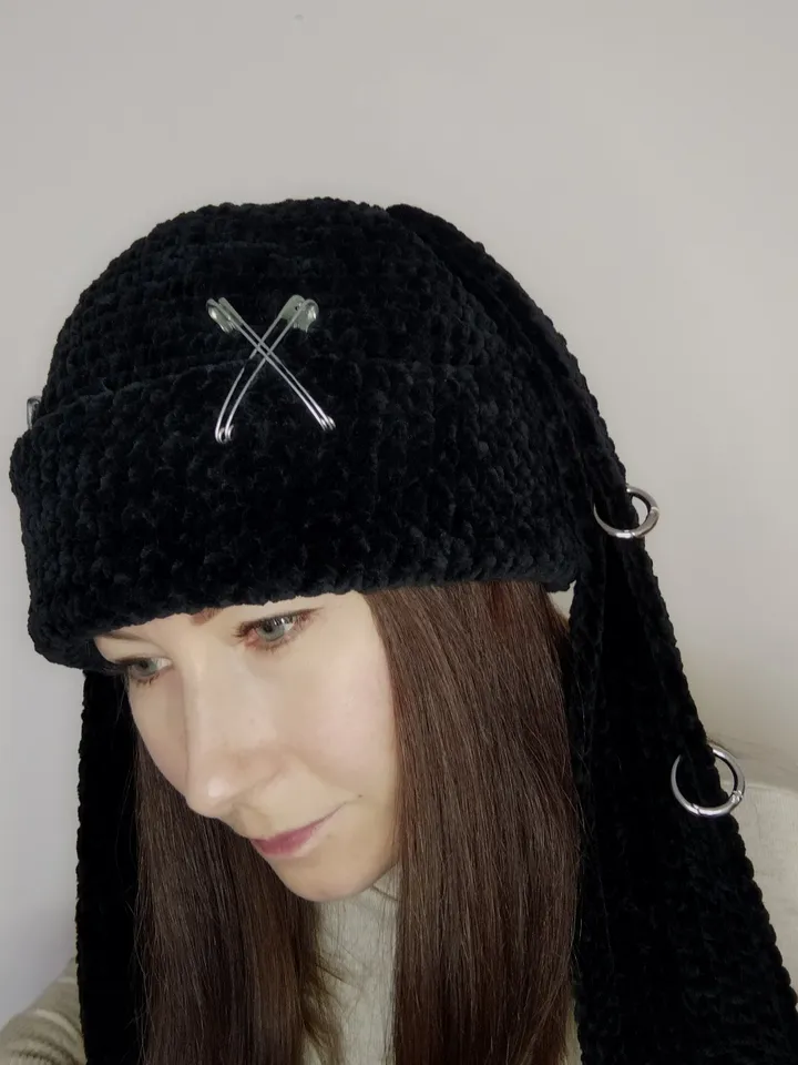 Fluffy bunny hat goth with long ears Black bunny beanie hand knit Plush bunny hat adults