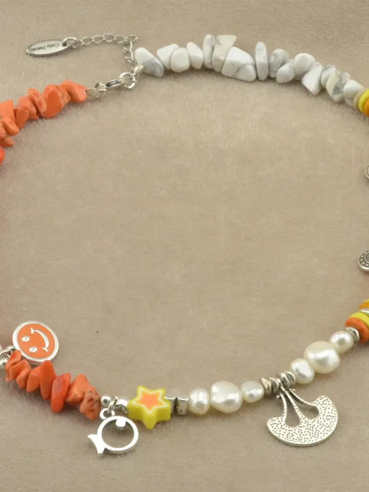 Summer Trendy Coral Necklace Beaded, Gifts for Her Colorful Statement Layering Fashion Summer Jewelry, Handmade Multiple Charms Necklace