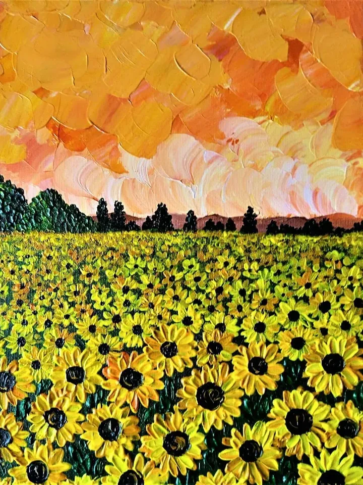 Textured canvas wall art sunflower field sunset painting