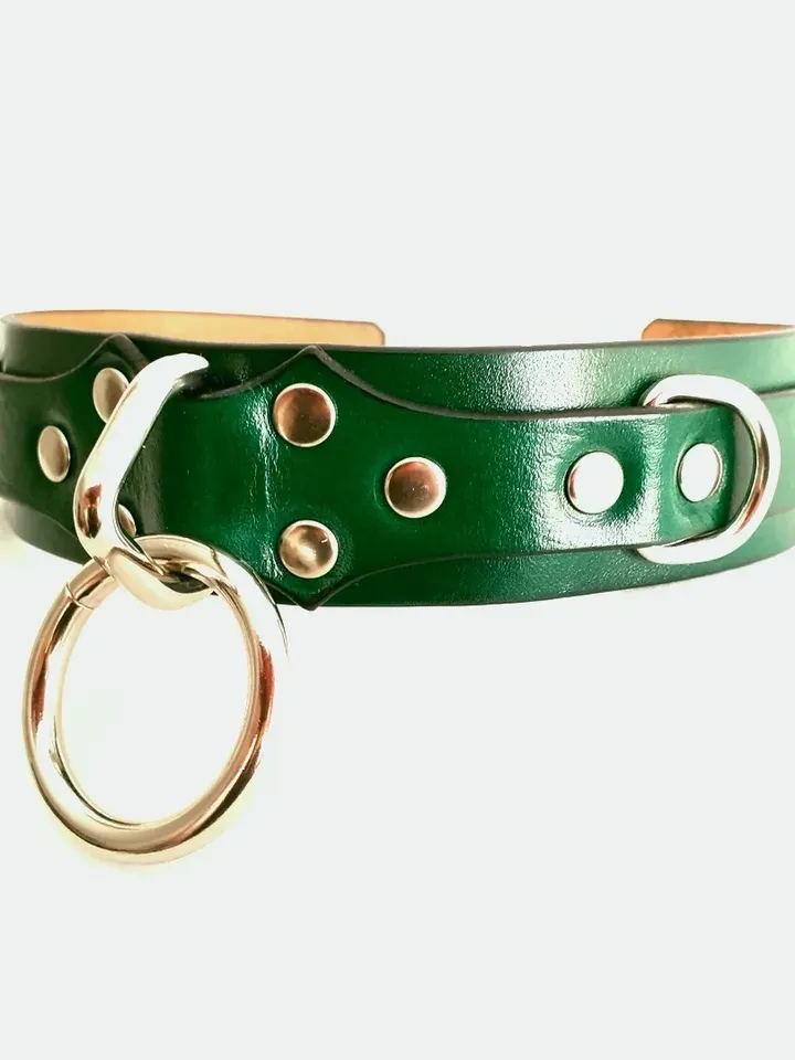 Dark green leather submissive bdsm collar plus size