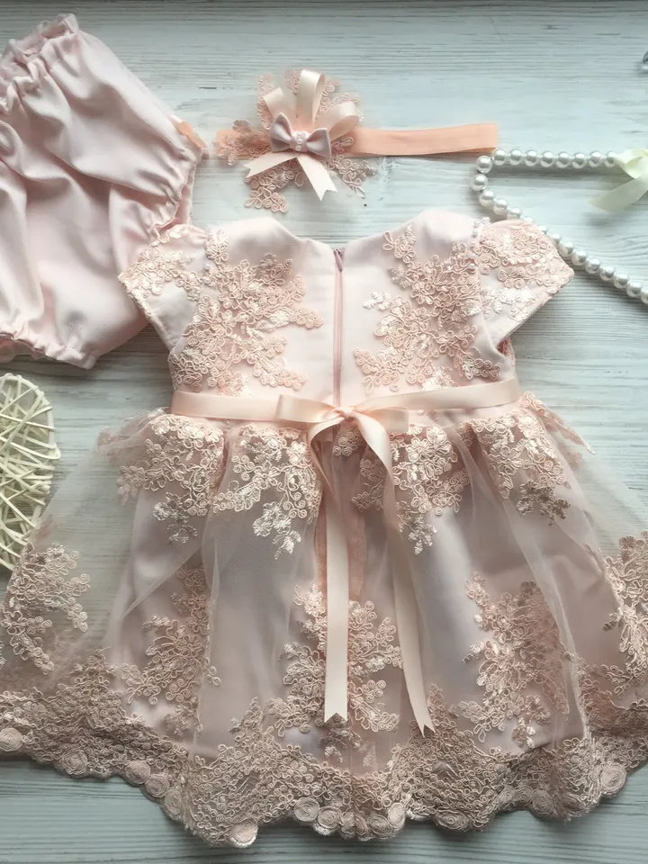 Baptism outfit for girl. Christening gown for girl. First birthday dress. Dress with lace. Dress, headband and panties. Take home outfit.