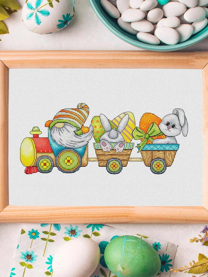 Easter Gnome Cross Stitch Pattern PDF, Easter Bunny Embroidery Pattern PDF, Modern cross stitch, Easter Train Cross Stitch Pdf Pattern