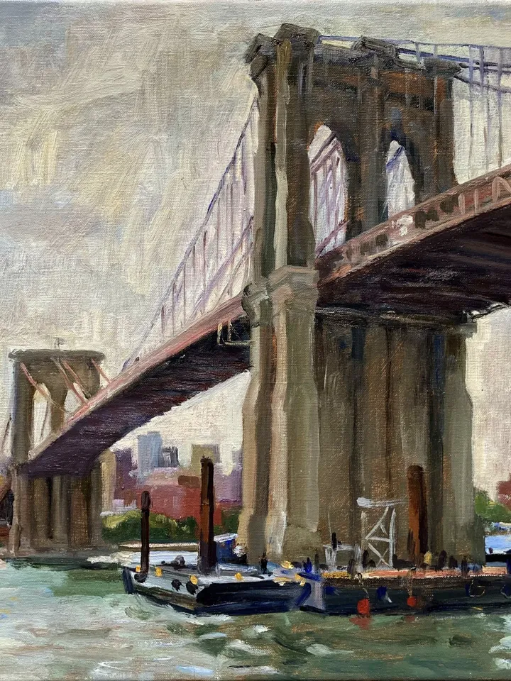 Large Original New York Cityscape Painting - Brooklyn Bridge/NYC - 16x20 Oil on Canvas, Fine Art, Signed Impressionist Landscape