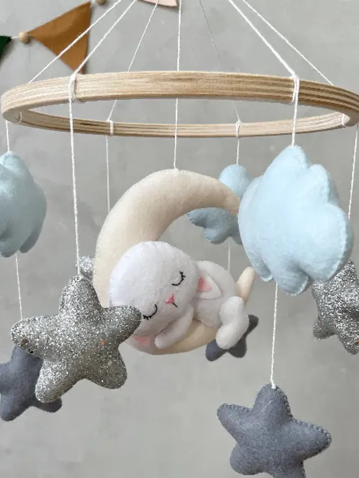 Bunny baby mobile boy blue, Bunny crib mobile boy, Woodland cot mobile baby boy bunny