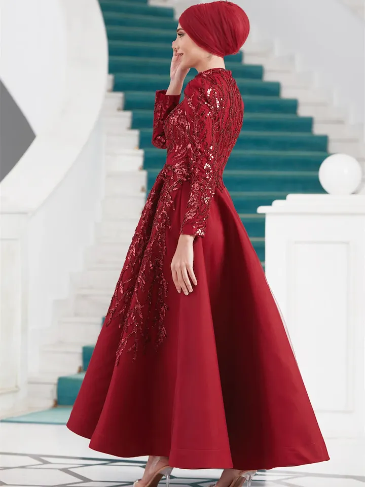 AHUNARE HIJAB - Yıldız Burgundy Embroidered Wedding Dress, Muslim Evening Gown, Nikah, Islamic Wedding, Engagement, Bridesmaid,