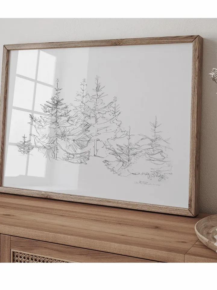 Minimalist Christmas Trees Wall Art Sketch, Vintage Holiday Farmhouse Decor, Printable | 341