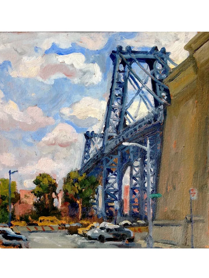 Small Original New York Cityscape Painting - Williamsburg Bridge/NYC - 8x8 Oil on Panel, Impressionist Landscape, Signed American Fine Art