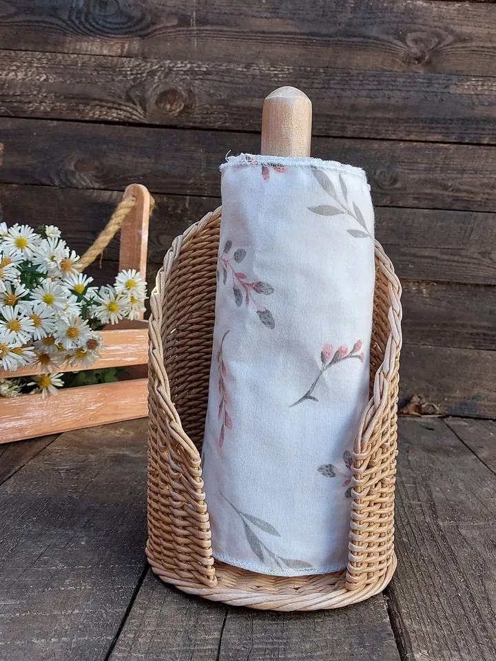 Paperless paper towels, Beige rattan paper towel holder, Rustic kitchen wicker roll holder