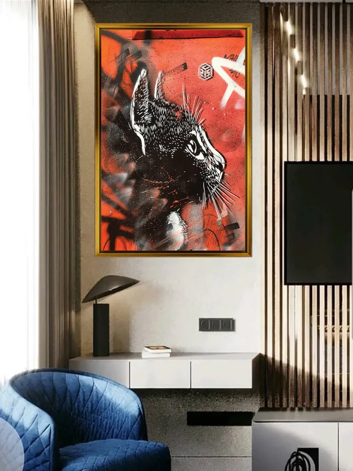 Cat Street Graffiti Print on Canvas , Floating Frame Option, Modern Wall Art, Extra Large Canvas Wall Art
