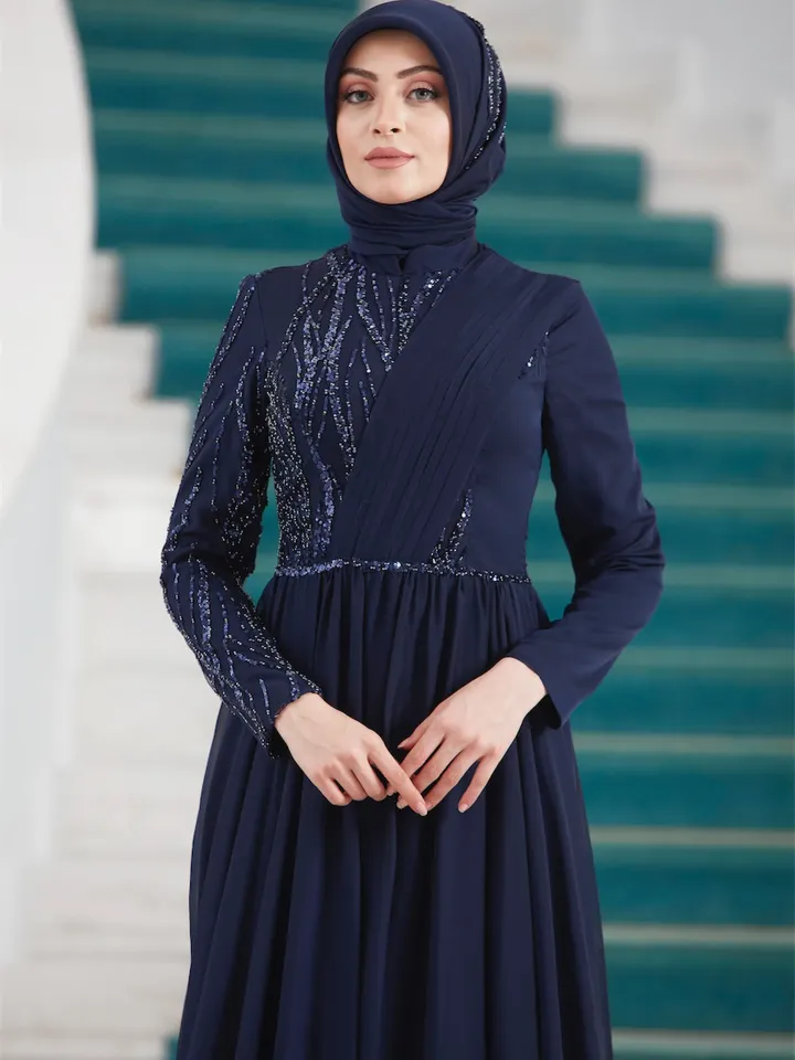 AHUNARE HIJAB - Dila Navy Blue Chiffon Wedding Dress, Muslim Evening Gown, Nikah, Islamic Wedding, Engagement, Bridesmaid,