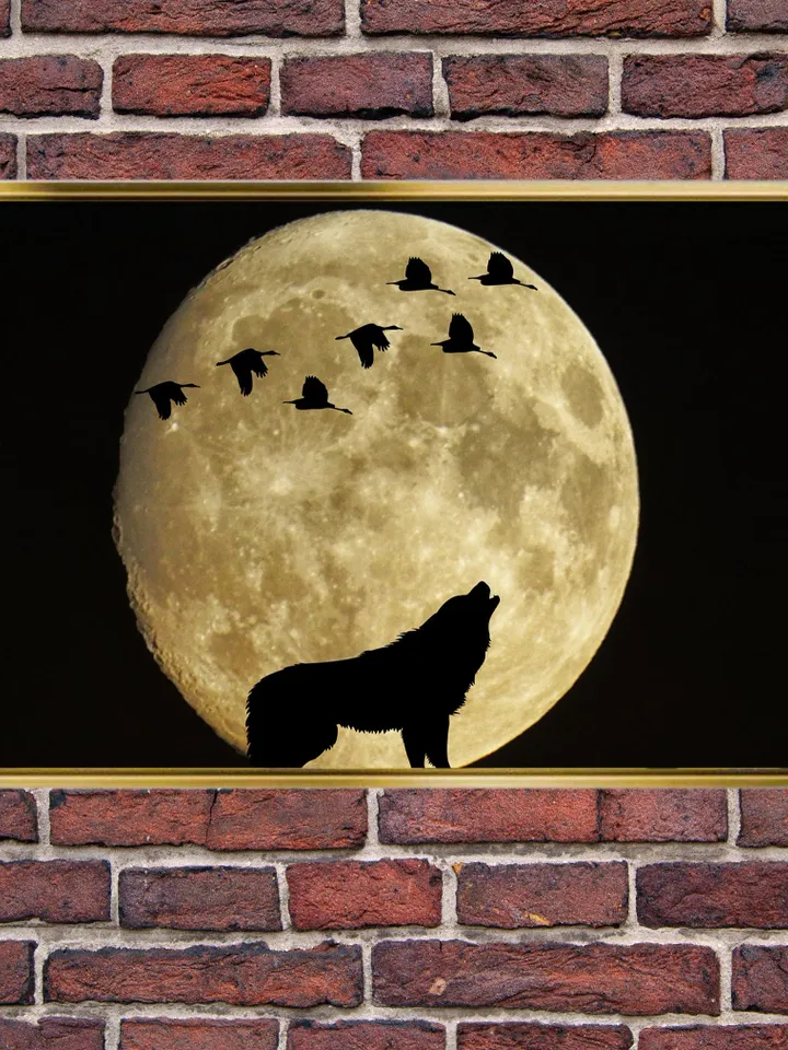 Fullmoon & Wolf Print on Canvas , Floating Frame Option, Modern Wall Art, Extra Large Canvas Wall Art