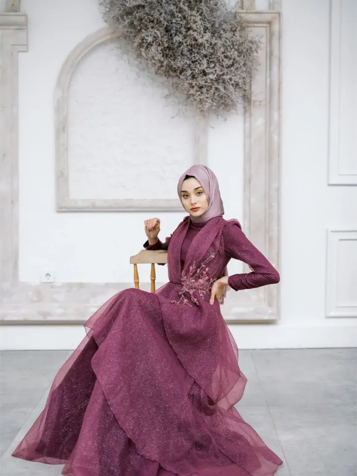 AHUNARE HIJAB - Sinem Fuchsia Silvery Wedding Dress, Muslim Evening Gown, Nikah, Islamic Wedding, Engagement, Bridesmaid,