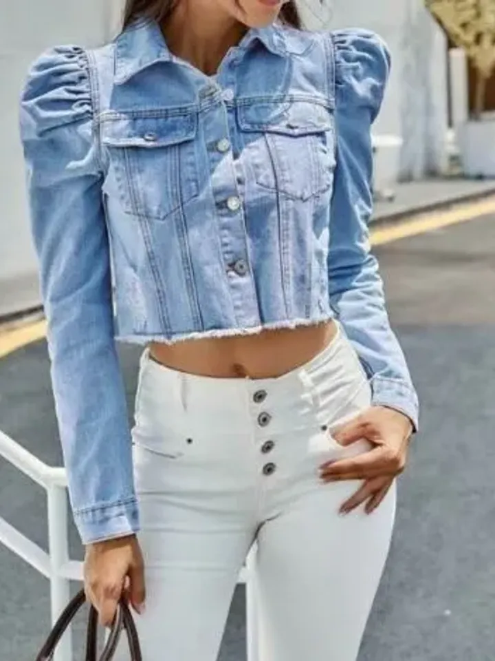 Women Ladies Puff Sleeve Raw Hem Pockets Button Front Crop Jean Denim Jacket