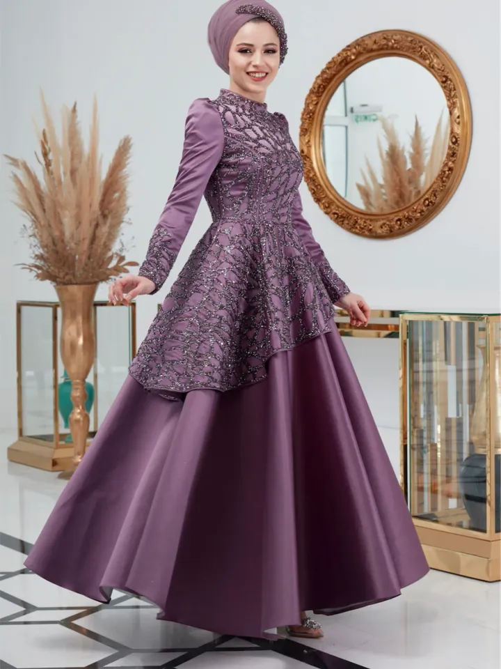 Hürrem Lavander Satin Embroidered Ahunare Wedding Dress, Muslim Evening Gown, Nikah, Islamic Wedding, Engagement, Bridesmaid, Maxi Dress