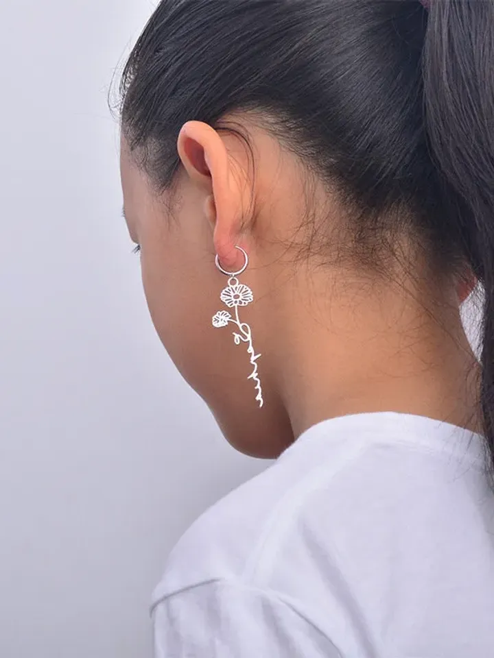 PERIMADE Birth Flower Name Earrings • Custom Monogram Drop Earrings • Sentimental Best Friend Jewelry • Trendy Bridesmaid Gift