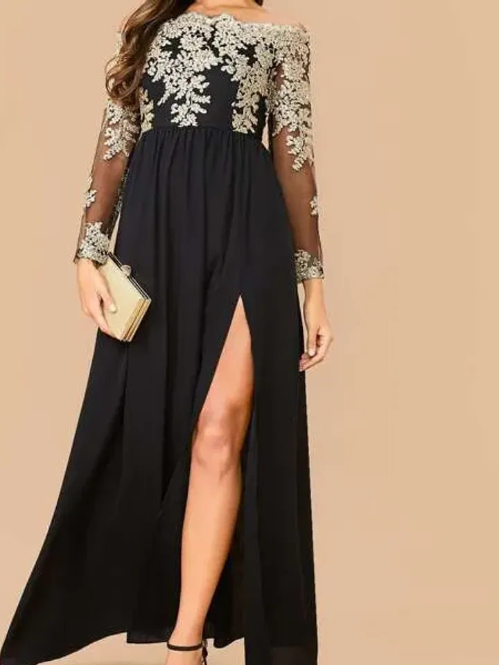 Floral Embroidered Off the Shoulder Long Sleeve Split Thigh Fit and Flare Dress Wedding Party Evening Prom Cocktail Club Xmas Christmas