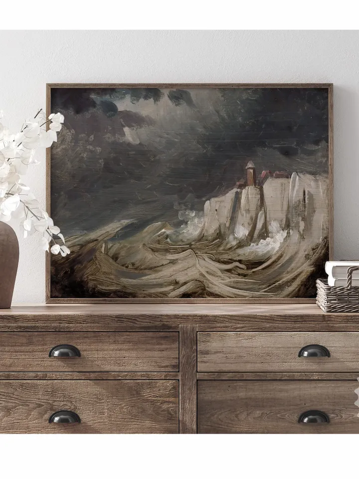 Vintage Coastal Landscape Print, Muted Green Seaside Painting, Printable Wall Art Decor | 240