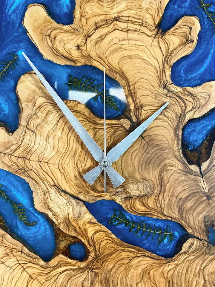 Blue Epoxy Olive Wood Wall Clock, Large Wood Wall Clock, Home gift, Resin Clock, Personalized Clock