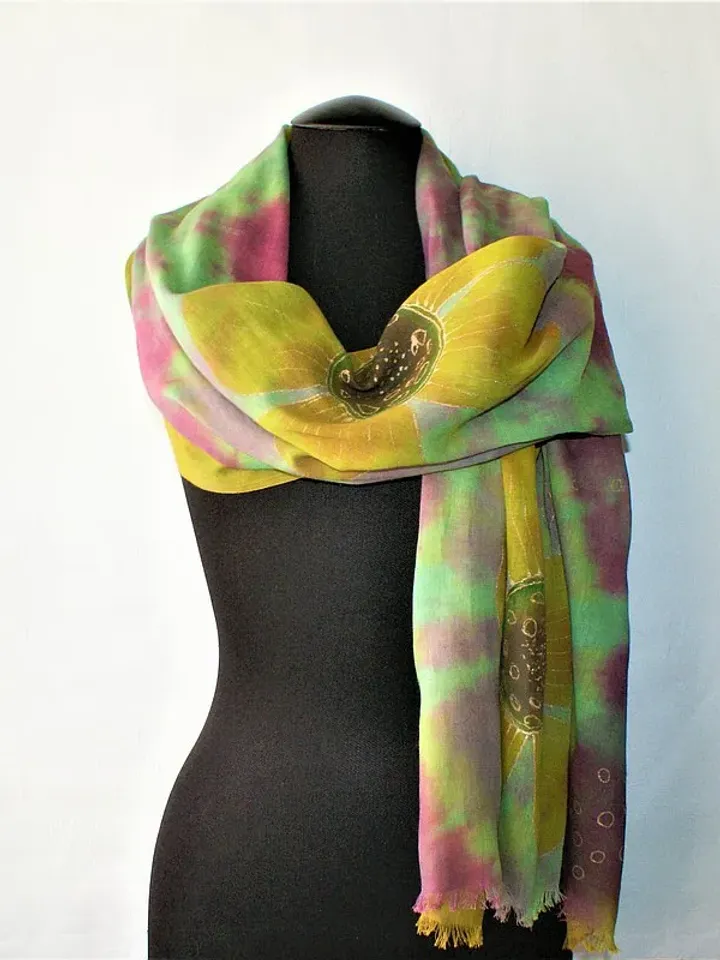 Green yellow cotton floral scarf Womens cotton long scarf Hand dyed scarf