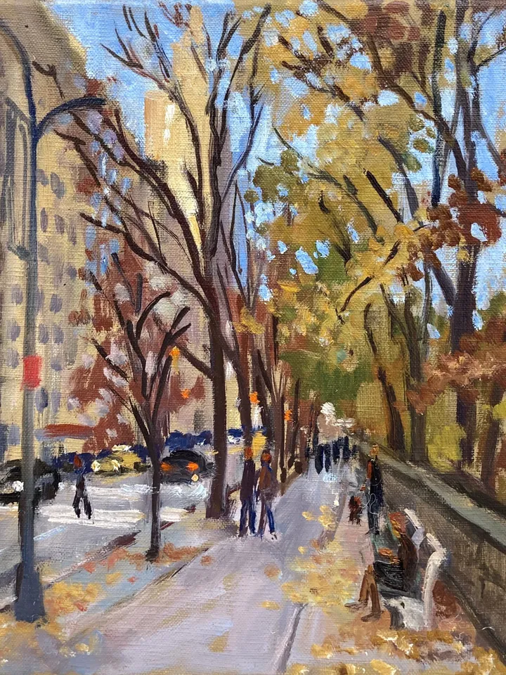 New York City Landscape Painting -Along Central Park West/NYC- 12x12 Oil on Canvas, Plein Air Impressionist Cityscape, Signed Original