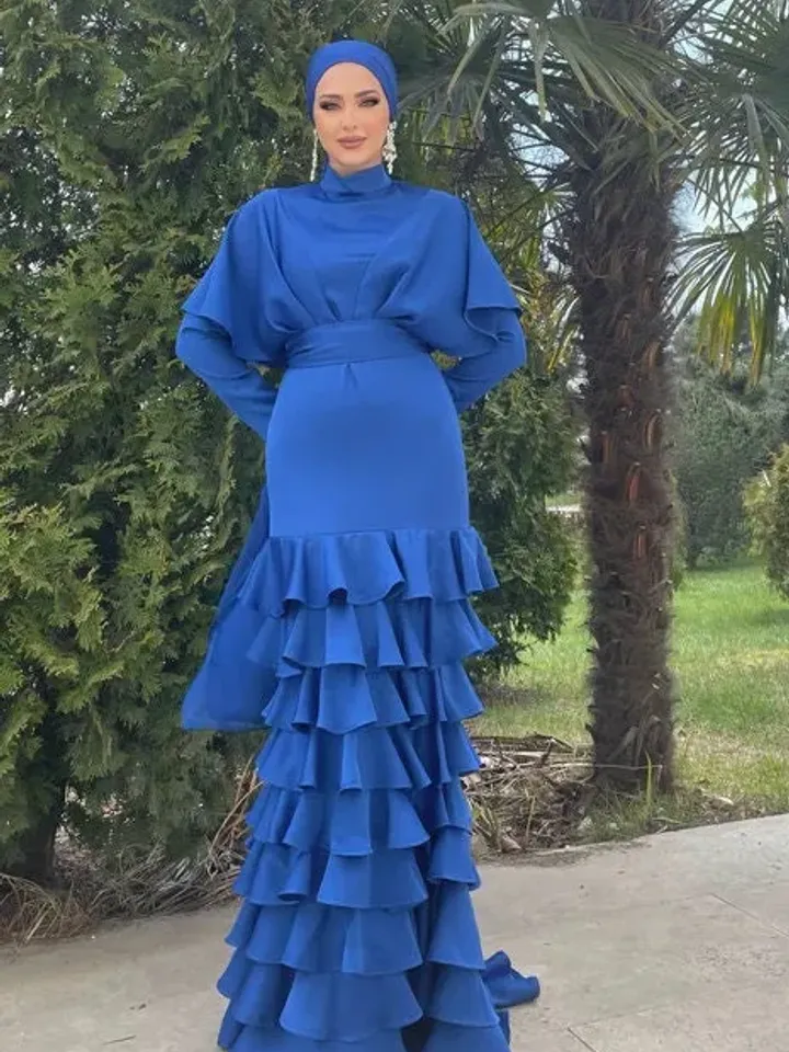 AHUNARE HIJAB - Asude Blue Satin Frilly Mermaid Wedding Dress, Muslim Evening Gown, Nikah, Islamic Wedding, Engagement, Bridesmaid,