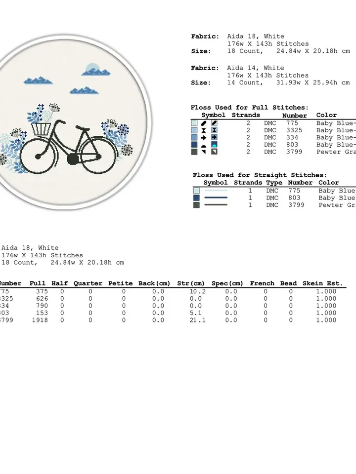 Bike cross stitch pattern. Bicycle cross stitch pattern. Floral cross stitch.