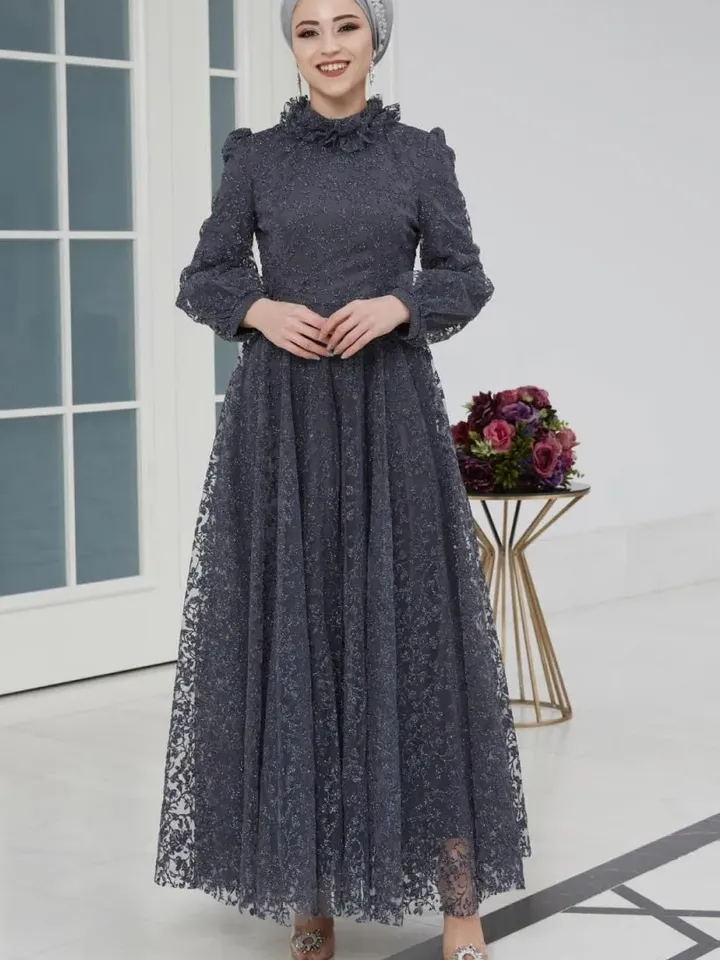 AHUNARE HIJAB - Orkide Grey Tulle Wedding Dress, Muslim Evening Gown, Nikah, Islamic Wedding, Engagement, Bridesmaid,
