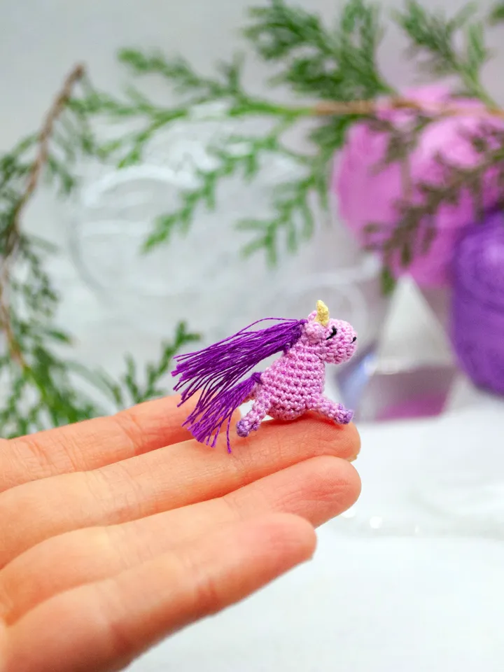 Tiny Pink UNICORN with lilac mane Crochet Unicorn Fairy miniature pony Micro toy for Mini Blythe Mini horse for Doll