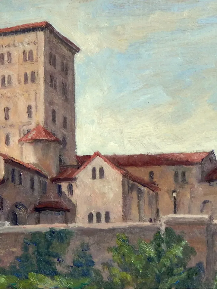 Original NYC Landscape Painting -The Cloisters/New York City- 8x14 Oil on Panel, Impressionist Fine Art, Signed Washington Heights Oil