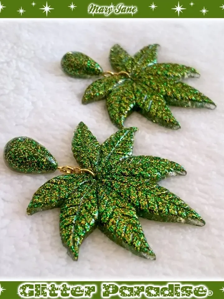 Mary Jane - Earrings - Confetti Lucite - Weed Earrings - Cannabis - Sativa - Ganja - Marijuana - Hemp - Stoner - Retro - Glitter Paradise®