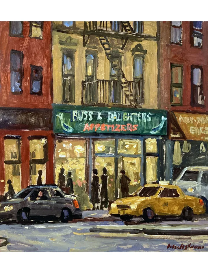 Original New York Cityscape Painting - Russ and Daughters/NYC Nocturne- 12x12 Oil on Panel, Impressionist Landscape Night Scene