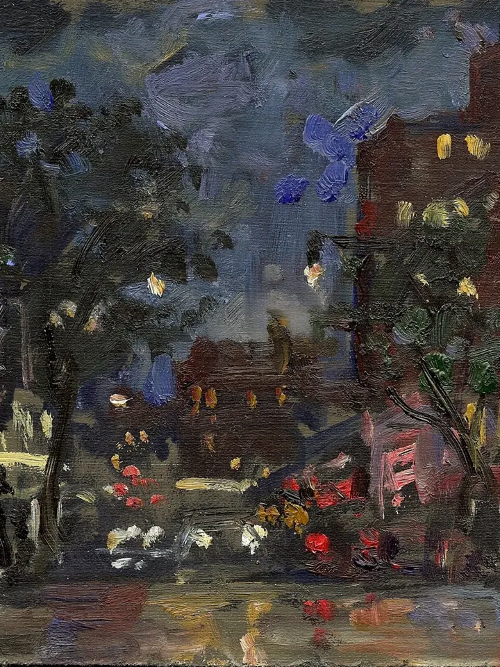 Original New York Cityscape Painting - 207th Street Nocturne/NYC - 6x7 Small Oil on Panel Night Scene, Impressionist Signed Original