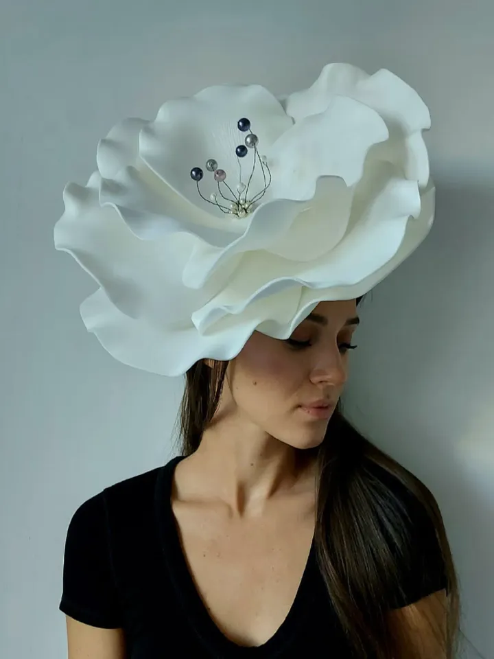 Large anemone fascinator with crystal beaded, Wedding flower hair clip, Women Derby hat, bloom headpiece, Ivory Bridal headgear