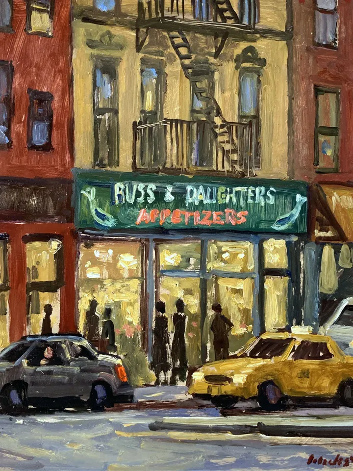 Original New York Cityscape Painting - Russ and Daughters/NYC Nocturne- 12x12 Oil on Panel, Impressionist Landscape Night Scene