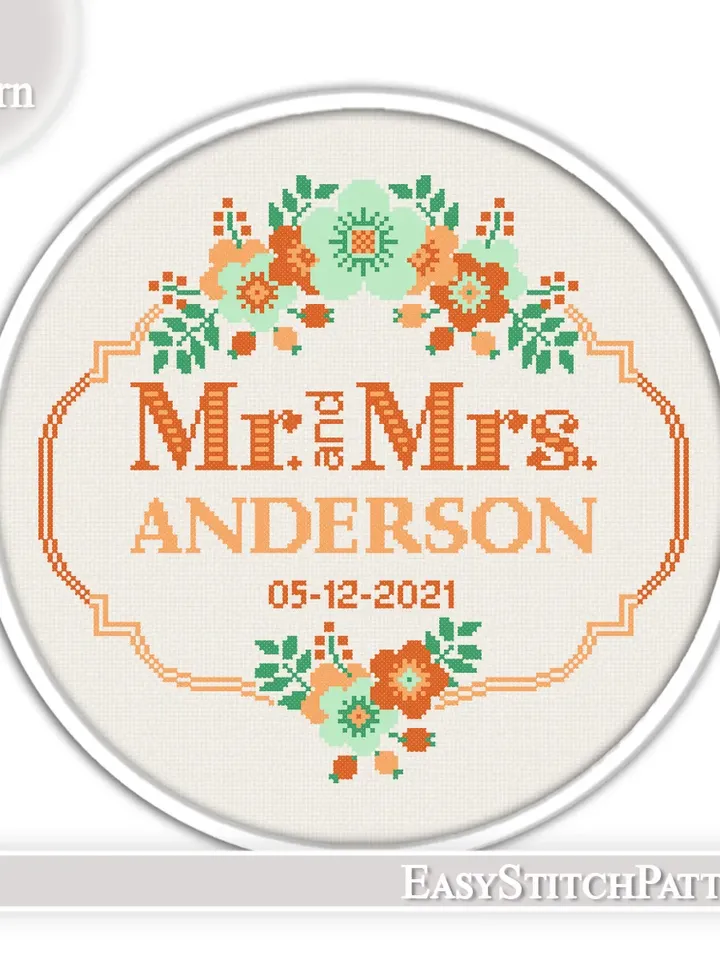 Wedding cross stitch pattern. Floral Wreath cross stitch pattern. DIY. Flower border.