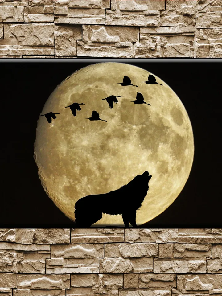 Fullmoon & Wolf Print on Canvas , Floating Frame Option, Modern Wall Art, Extra Large Canvas Wall Art