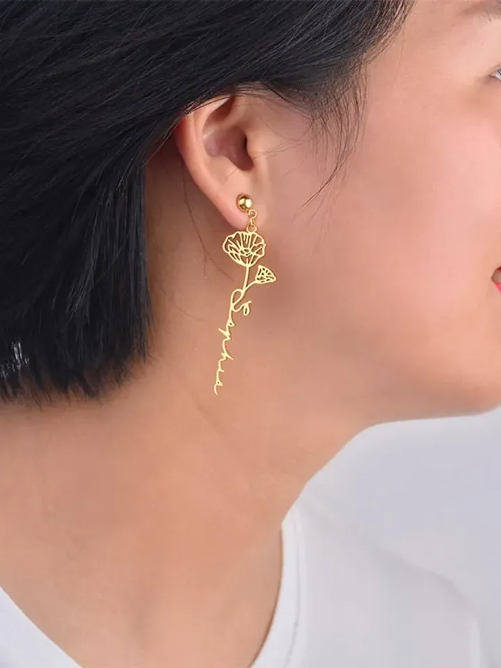 PERIMADE Birth Flower Name Earrings • Custom Monogram Drop Earrings • Sentimental Best Friend Jewelry • Trendy Bridesmaid Gift