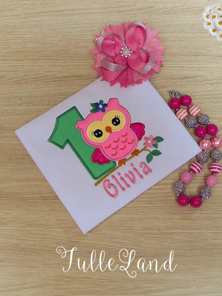 Owl with number One Birthday for girl Design Applique for Machine Embroidery