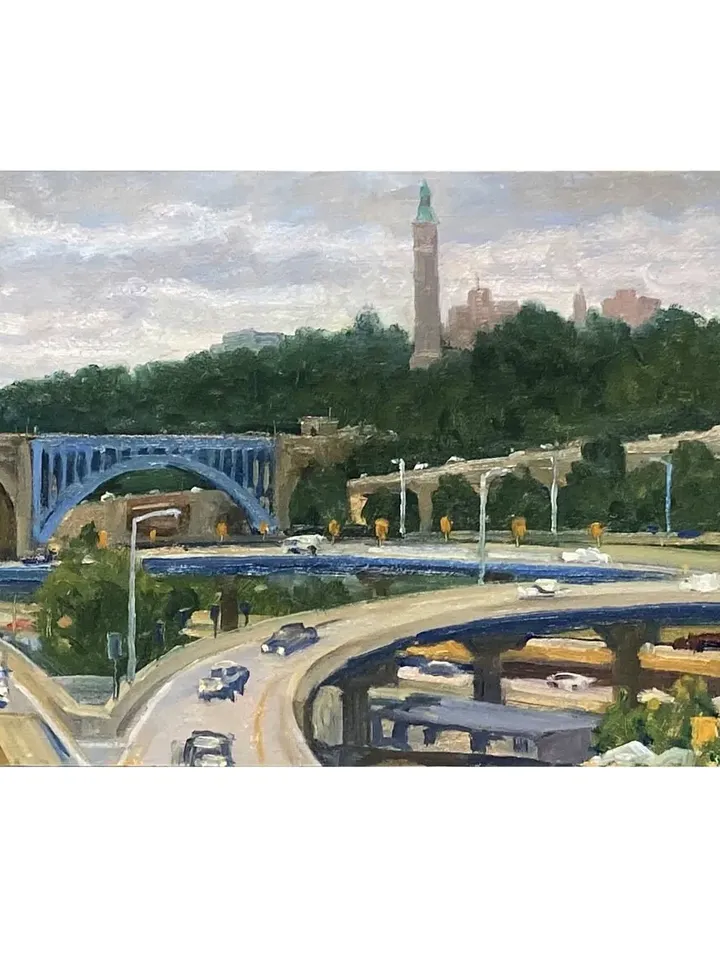 Large New York City Landscape Painting - High Bridge/NYC - 10x24 Oil on Panel, Urban Industrial Fine Art, Impressionist Cityscape
