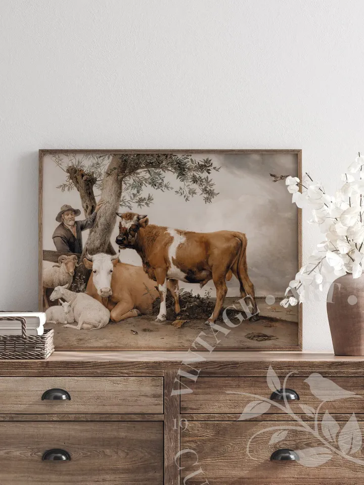 Landscape With Cows Vintage Painting, PRINTABLE Art, Country Farmhouse Home Decor Downloadable | 124